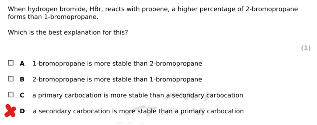 <p>NOTE:</p><p>stability of compound does not determine which product is formed, rather it is the stabitlity of carbocation</p>
