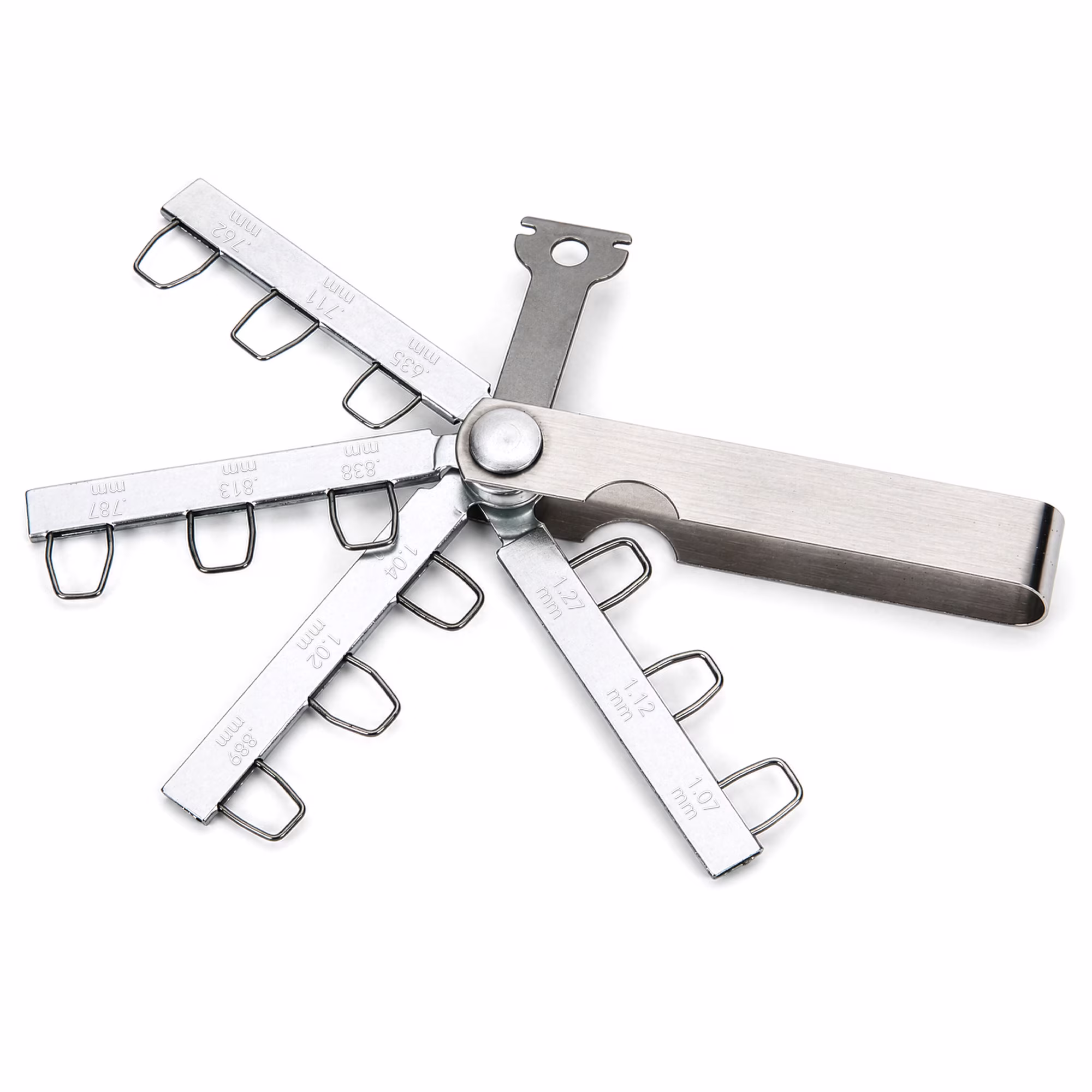 <p>Set of wire or feeler gauges used to measure and adjust spark plug electrode gaps, typically ranging from 0.020 to 0.040 inches.</p>