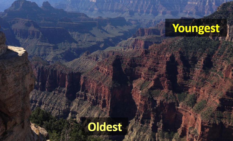 <p><span style="background-color: transparent;">Oldest strata on the bottom (deposited first) and Youngest Strata on the top (deposited) last</span></p><ul><li><p><span style="background-color: transparent;"><em>All weathering, offset by faults occurs later and is the youngest activity to have happened</em></span></p></li></ul><p><span style="background-color: transparent;">(Think of this link building a cake 1. cake, 2. frosting, 3. 2<sup>nd</sup> cake layer , 4. slicing the cake to serve) </span></p><p><br></p>