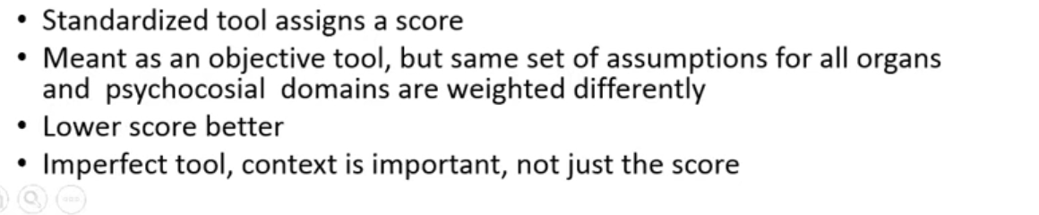 <ul><li><p>tool used at end of visit to asses readiness for tx objectively </p></li><li><p>each organs are differnt - transplant follow differs </p></li><li><p>psychosocial domains weight differently for differnt organ groups = some may be more hung up on issues like past substance use </p></li></ul><p></p>