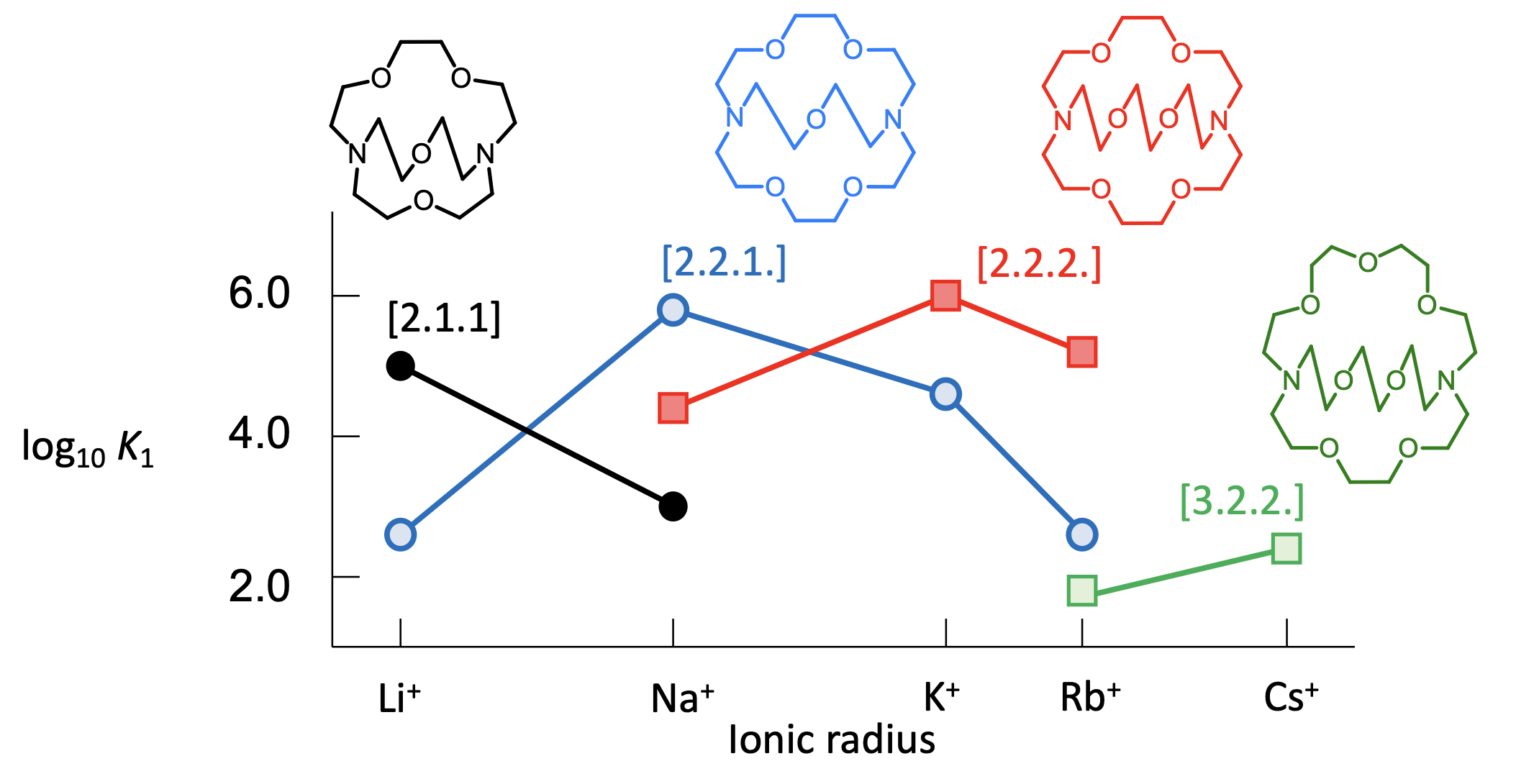 <p>K<sup>+</sup> for [2.2.2] cryptand</p><p><u>note also K<sup>+</sup> best for 18-crown-6</u></p><p>entropic driving force for binding for all: release of solvation (H<sub>2</sub>O) molecules</p>