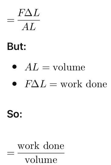 <p><strong>work done</strong> or <strong>elastic strain energy<u> per unit volume</u></strong></p><p>area=stress x strain</p><p></p>
