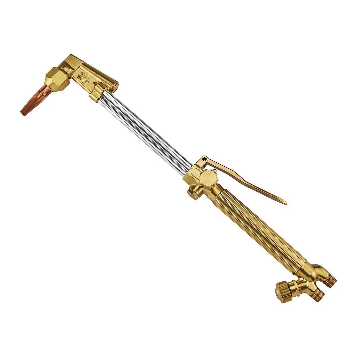 <p>Handheld oxy-fuel cutting torch with valves to mix oxygen and acetylene and a lever to release high-pressure oxygen stream for cutting metal.</p>