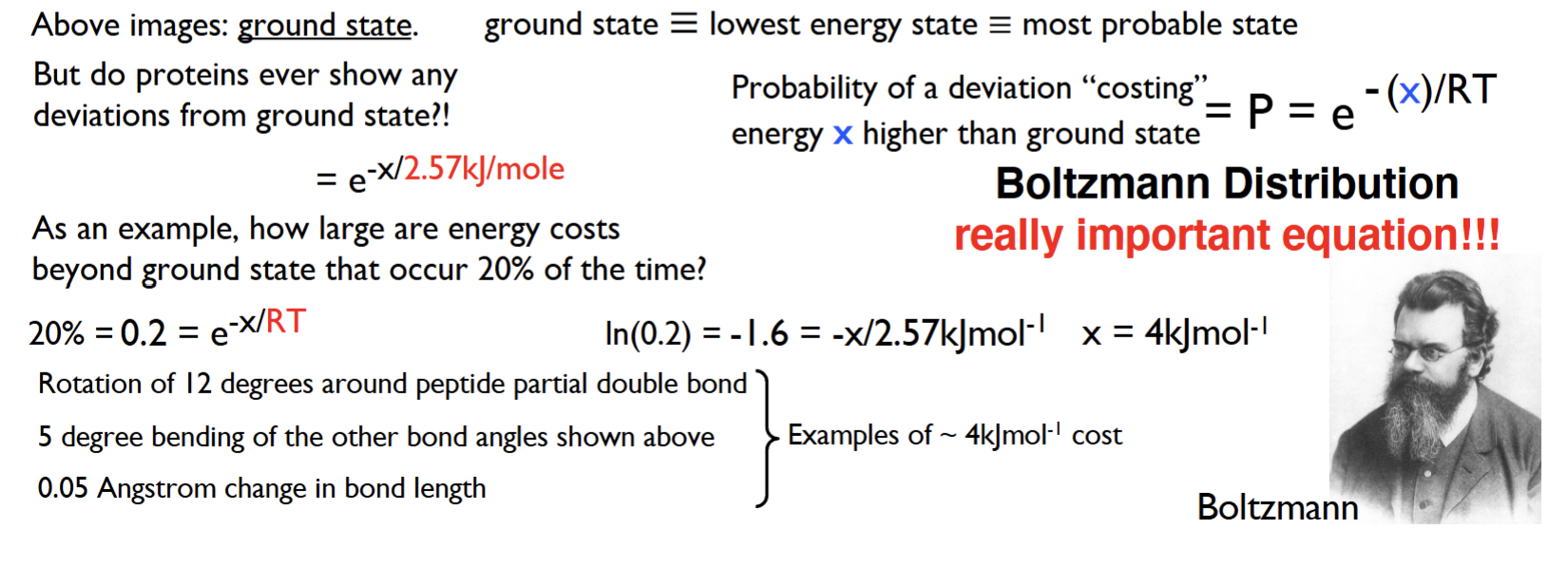 <p>Boltzmann Distribution equation: P = e<sup>-x/RT</sup></p><p>P = the probability of the certain energy cost being sufficient to reach a certain deviation from the ground state</p><p>x = the amount of energy needed to reach a certain deviation from the ground state (in kJ/mol)</p><p>R = the gas constant which is equal to 8.31 J/mol * K</p><p>T = the temperature (in Kelvin)</p><p></p><p>Equation tells you the conformation of known energy relative to ground state</p><p></p>