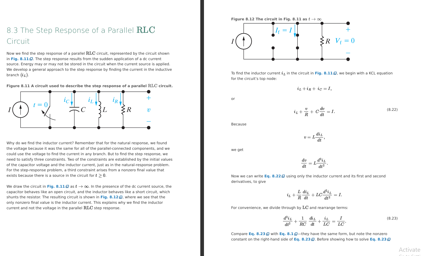 <ul><li><p>iL + iR + ic = I</p><ul><li><p>1/ L * dv + v/R + C (dv/dt) = I</p></li><li><p>1/L * v + (1/R) v’ + Cv’’ = I</p></li><li><p>v’’ + (1/RC) v’ + (1/LC) v = 0 </p><ul><li><p>v = Li’, v’ = Li’’ </p></li></ul></li></ul></li><li><p>or v = Li’, v’ = Li’’ </p><ul><li><p>iL + v / R + Cv’ = I</p><ul><li><p>iL + L/R i’ + (LC)i’’ = I</p></li></ul></li><li><p>(1/LC) * iL + (1/RC) i’ + i’’ = I/LC</p></li></ul></li></ul><p></p>