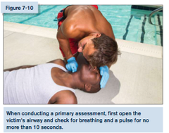 <p>check for a pulse and breathing simultaneously. (Max 10 seconds)</p>