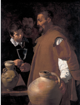 <p>Diego Velázquez 1618, genre paining </p><p>-Depicts a simple street vendor selling water, no mythological or religious subject matter and shows the shift in what in art is depicted </p><p>-Extreme realism as we see different textures: glass, water, skin, clay jars</p><p>-Reflects influence of still-life traditions</p>