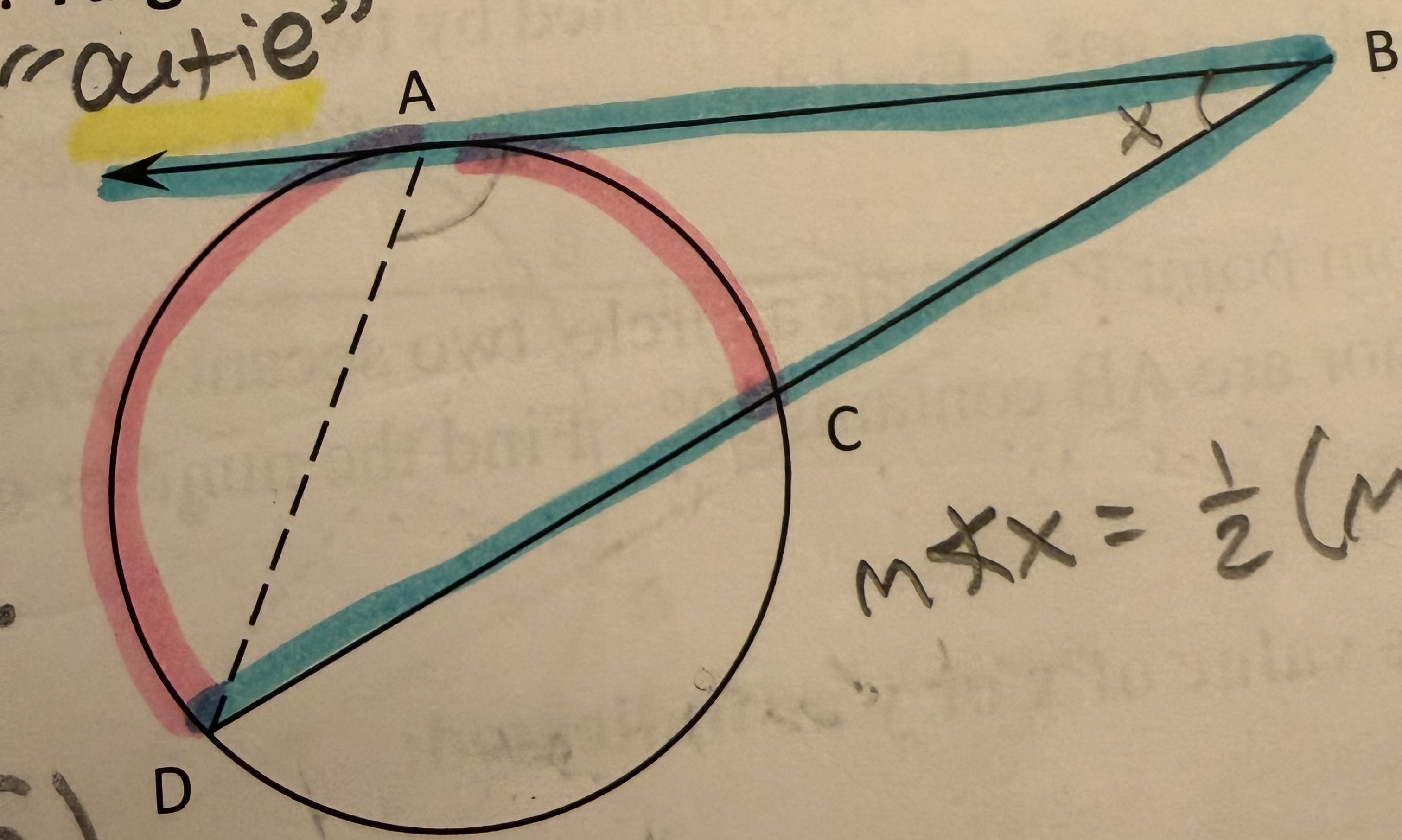<p>Angle formed by secant and tangent:</p>