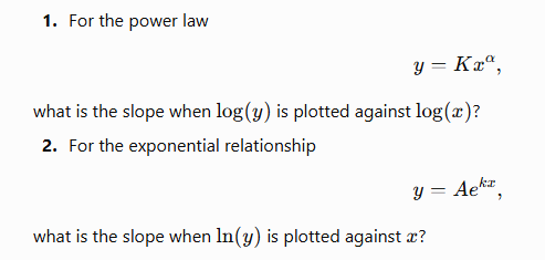 <p>What is the slope when each relationship is transformed into a straight-line graph?</p><ul><li><p>reduce them then tell meh </p></li></ul><p></p>
