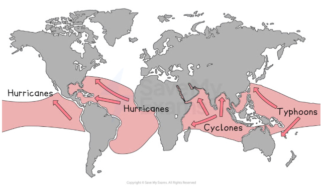 <ul><li><p>Over warm tropical oceans</p></li><li><p>Between 5°<sup>&nbsp;</sup>and 30°<sup>&nbsp;</sup>north and south of the equator</p></li><li><p>When winds converge (meet) near the ocean surface</p></li><li><p>There is low vertical <span><strong><span>wind shear</span></strong></span></p></li></ul><p></p>