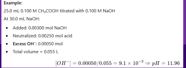 <ul><li><p><span style="background-color: transparent;"><strong>pH is determined by the excess of strong acid or base in solution.</strong></span></p><ul><li><p><span style="background-color: transparent;"><strong>Calculate moles of titrant added – moles reacted = excess moles.</strong></span></p></li><li><p><span style="background-color: transparent;"><strong>Divide by total volume → find [H⁺] or [OH⁻].</strong></span></p></li><li><p><span style="background-color: transparent;"><strong>Convert to pH or pOH.</strong></span></p></li></ul></li></ul><p></p>