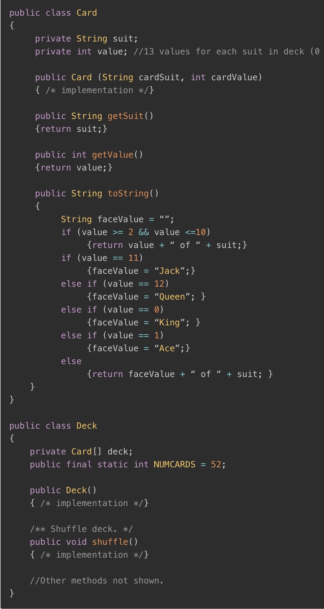 <p><span>Which of the following is the correct </span><code>/* implementation */</code><span> code for the constructor in the Card class?</span></p>