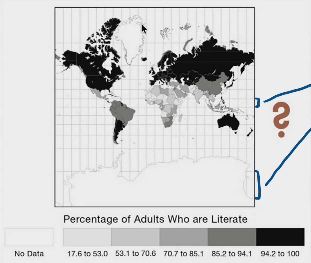 <p>Klicker:</p><p>Is this an appropriate map projection to show the literacy rates of countries on a global scale?</p>