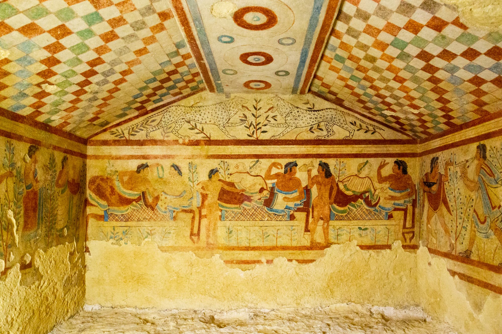 <p>Cut rock, fresco paint</p><p></p><p>Archaic Period</p><p></p><p>Underground burial tomb. Banquet scene, named after painted leopards guarding the scene. </p>