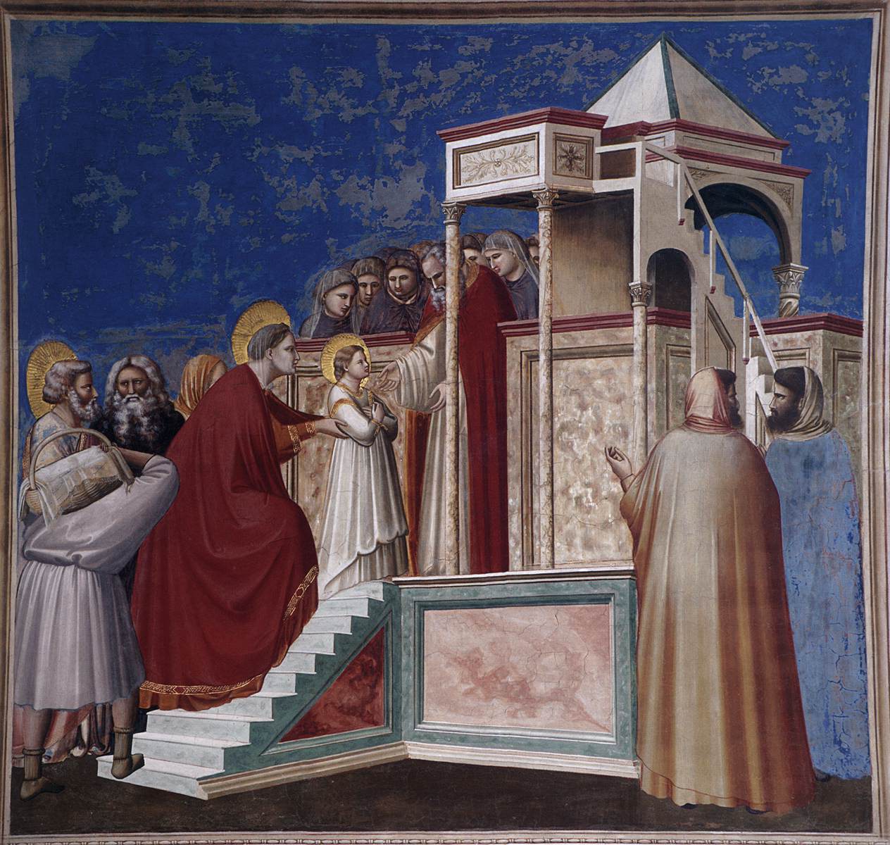<ul><li><p>Depicts the namesake saint being brought at the age of 3 to the Temple in Jerusalem in order to either </p><ul><li><p>a) fulfill an oath</p></li><li><p>b) be consecrated to God</p></li><li><p>c) be educated in preparation for her role as the mother of God, brought by her parents who brought her in because they were grateful to God for giving them a child</p></li></ul></li></ul><p></p>