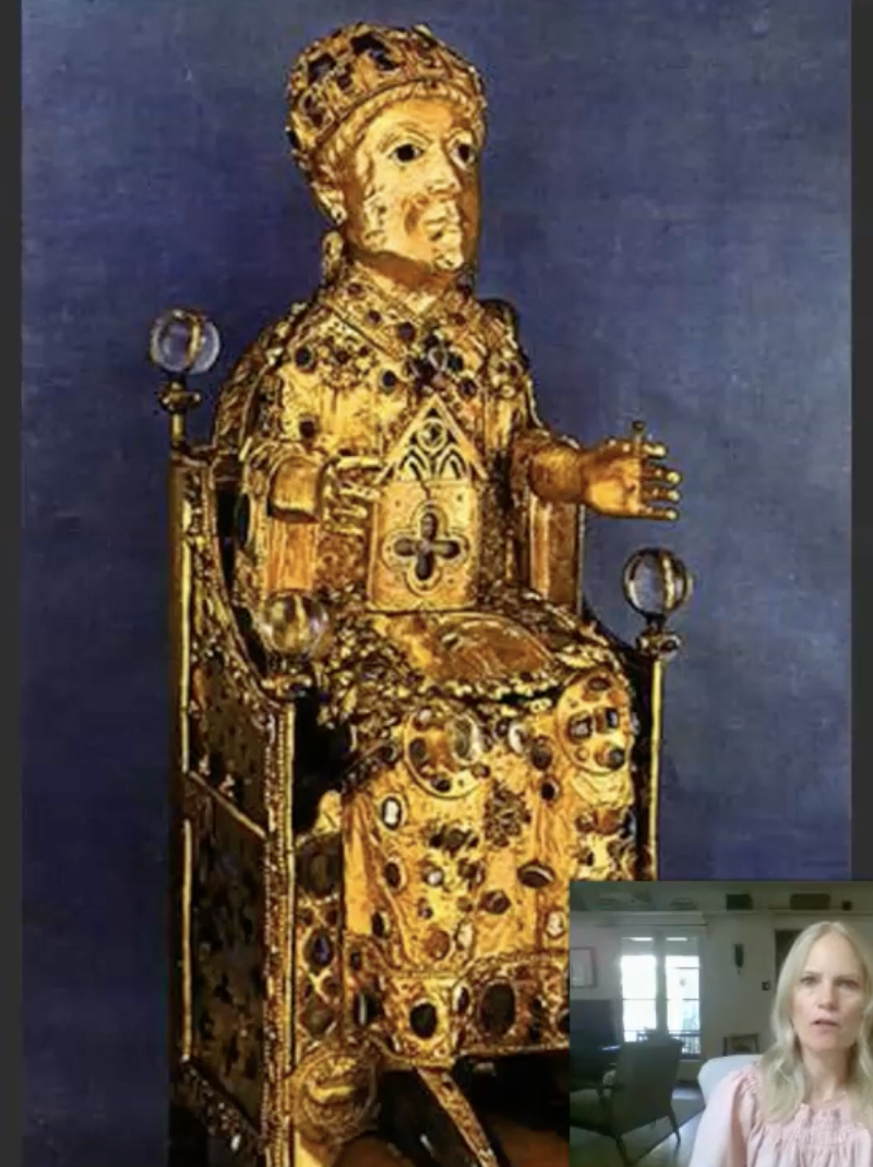 <p>Reliquary statue of Saint Faith, late 10th to early 11th century.</p><p></p><p>-Relics = The body parts, clothing, or objects associate with a holy figure, such as a Christian saint.</p><p class="p1">Reliquary = A container for holding relics.</p>