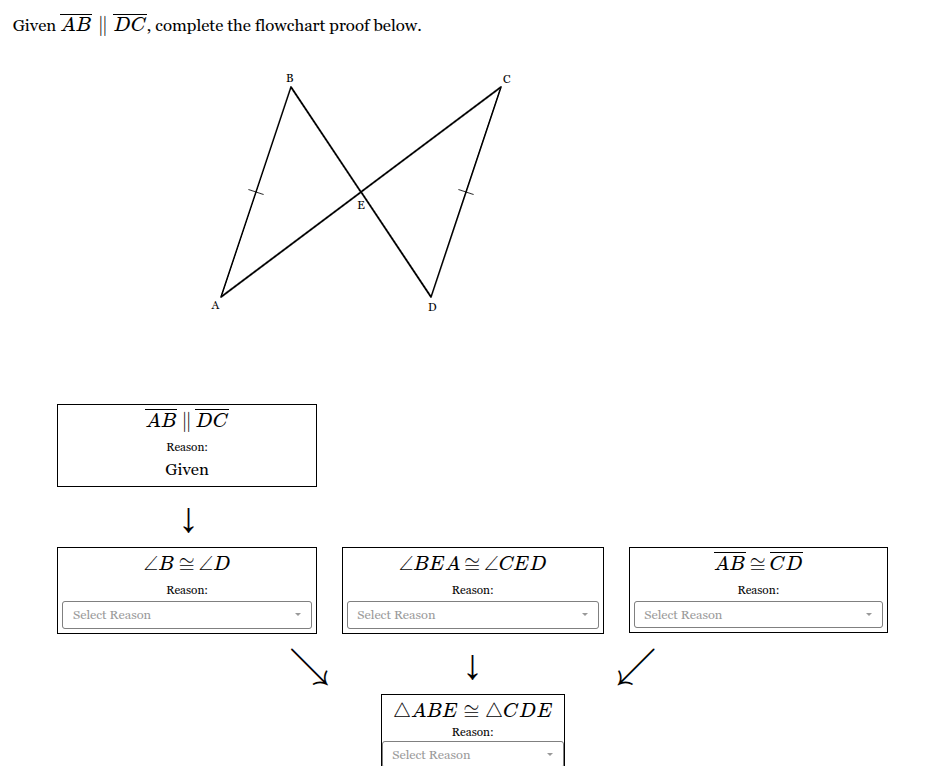 <p>Given <span style="font-family: KaTeX_Main, "Times New Roman", serif; line-height: 1.2; font-size: 1.21em;"><em>AB</em>∥<em>DC</em></span>, complete the flowchart proof below.</p>