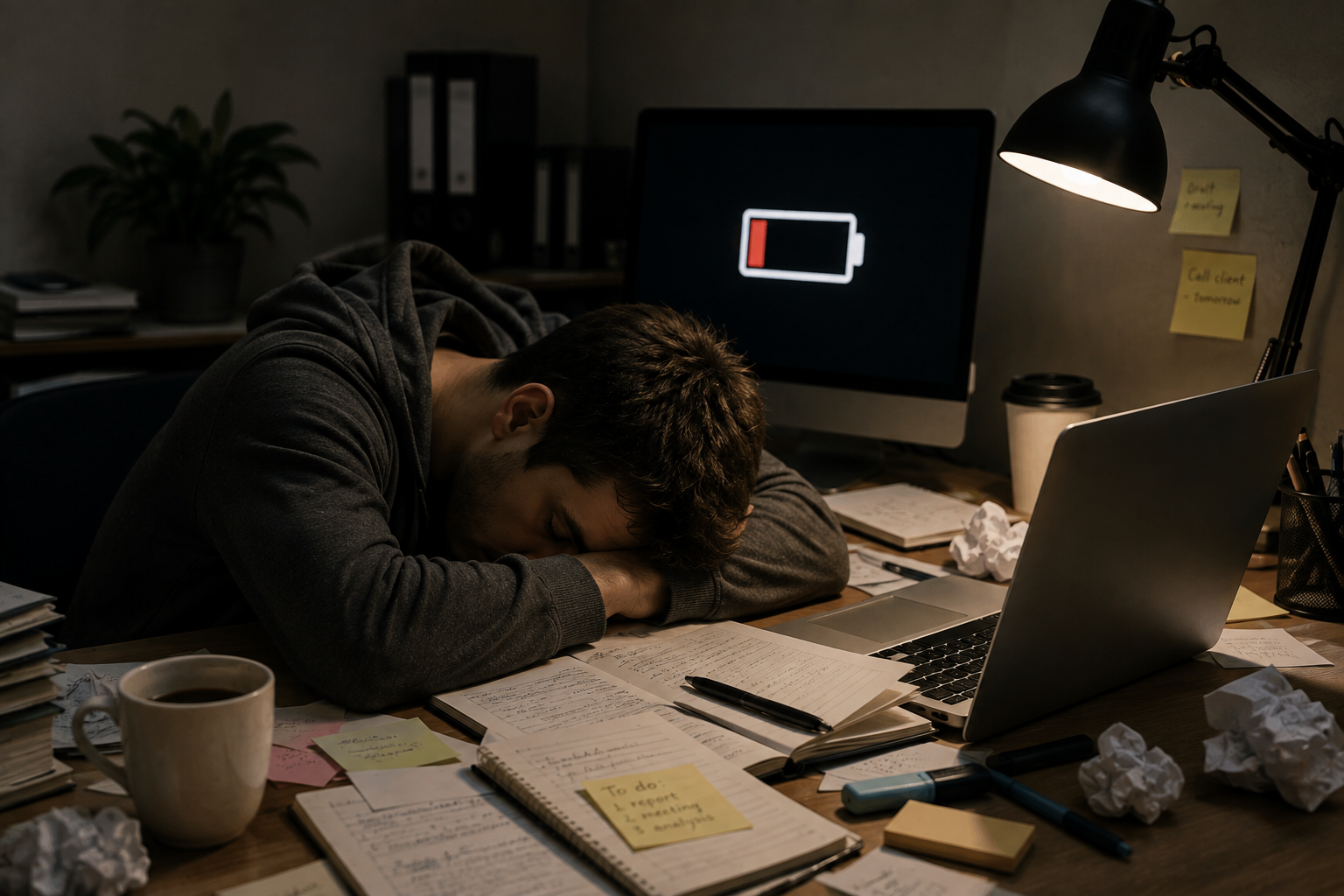 <p>You are exhausted due to prolonged stress or excessive demands, leading to physical, emotional, and mental fatigue.</p>