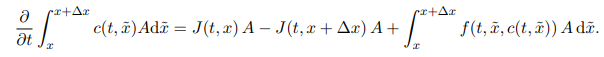 <p>The flux that changes the total population in V is that entering through the cross-section at x and leaving through the cross-section at x+ ∆x.</p>