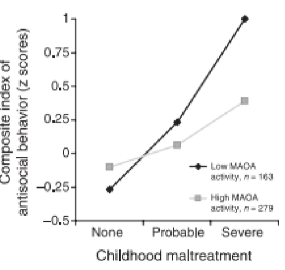 <p>500 male children assessed from 3-26 yrs old. Found interactions of genes and environment. Effect of childhood maltreatment, but far greater for those with the gene for low MAOA activity.</p>