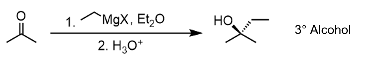<ol><li><p>R-MgX, Et<sub>2</sub>O</p></li><li><p>H<sub>3</sub>O<sup>+</sup></p></li></ol><p>to ketone</p>