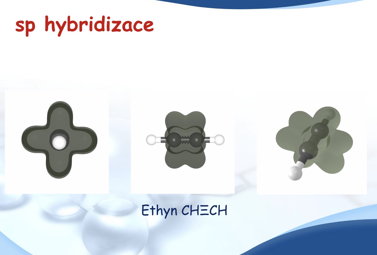 <p>Má jeden s a jeden p orbital</p><p>Z uhlíku vychází dvě dvojné nebo jedna trojná a jednoduchá vazba</p><p>Ethyl </p>