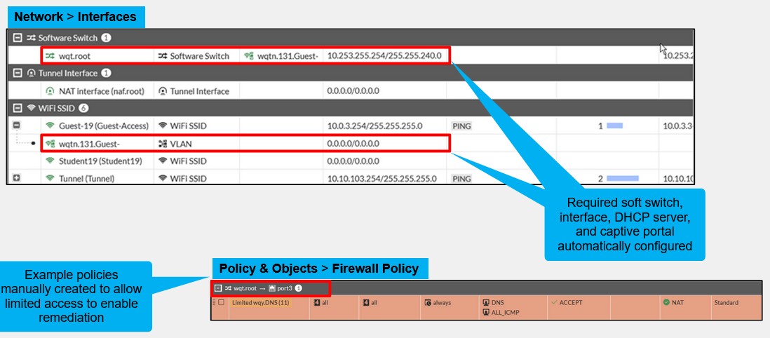 <p>Enabling a quarantine automatically creates a soft switch with a range of private IP addresses, together with a system DHCP server. It also creates a captive portal, and then creates a subinterface under the quarantined wireless network. If you want wireless clients to have access to the internet to enable them to update themselves, install required software, or both, you will need to configure a set of policies to allow limited access to the resources that are required. Typically, this requires DNS and specific HTTP/S access to resources that host the required remediation files.</p>