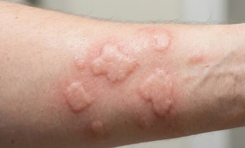 <p>wheals that coalesce, extensive rx, pruritic</p>