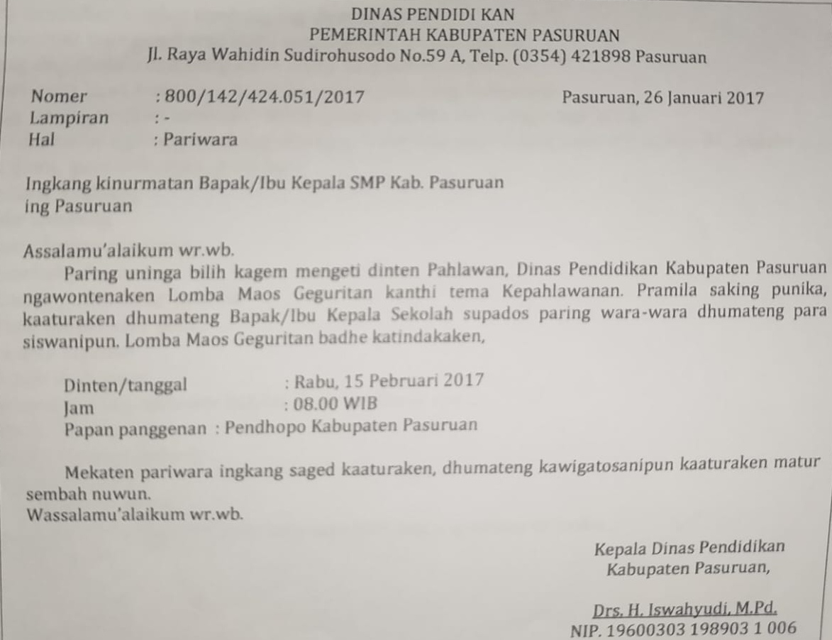 <p>Layang ing dhuwur kalebu jinis layang ....</p><p class="has-focus">a. pribadi</p><p>b. resmi</p><p>c. ulem</p><p>d. kitir</p>