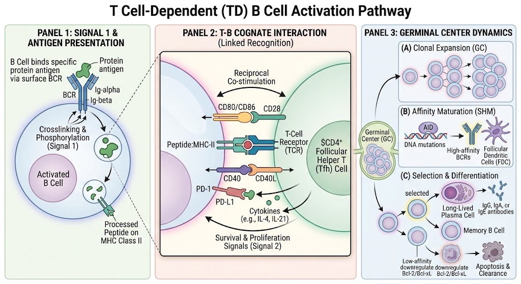 <ol><li><p><span><strong><em>Naive</em></strong> B cell circulates in blood and enters lymph node, checking the situation</span></p></li></ol><p></p><ol start="2"><li><p><span>B cell finds and binds to </span><span style="color: rgb(193, 255, 254);"><strong><u>specific antigen</u></strong></span><span> through B cell receptor (Signal One)</span></p></li></ol><p></p><ol start="3"><li><p><span>Antigen binding </span><span style="color: rgb(251, 186, 186);"><strong><u>cross-links</u></strong></span><span> multiple B cell receptors together (when the antigens cross-links they move closer to each other to doe it)</span></p></li></ol><p></p><ol start="4"><li><p><span>Cross-linking activates signaling cascade internally through</span><span style="color: rgb(243, 255, 195);"><strong> Ig alpha and Ig beta </strong></span><span>molecules (The phosphorylation of ITAMs-which lead to many pathways to make transcription factors (TF))</span></p></li></ol><p></p><ol start="5"><li><p><span>B cell internalizes the antigen and processes the antigen</span></p></li></ol><p></p><ol start="7"><li><p><span>B cell presents peptide on </span><span style="color: rgb(210, 255, 207);"><strong>MHC II molecules</strong></span><span> on the surface</span></p></li></ol><p></p><ol start="8"><li><p><span style="color: rgb(228, 205, 255);"><strong>T follicular helper cell (TFH)</strong></span><span> recognizes the MHC-peptide complex with its T cell receptor</span></p></li></ol><p></p><ol start="9"><li><p><span>B cell and </span><span style="color: rgb(231, 200, 255);"><strong>TFH </strong></span><span>bind to each other at the T-B border in the lymph node</span></p></li></ol><p></p><p><span>10. B cell expresses </span><span style="color: rgb(250, 186, 216);"><strong>CD40</strong></span><span> and costimulatory molecules </span><span style="color: rgb(186, 199, 255);">B7.1, B7.2</span><span> (CD80, CD86)</span></p><p></p><ol start="11"><li><p><span>TFH expresses </span><span style="color: rgb(253, 199, 230);">CD40</span><span> ligand and </span><span style="color: rgb(255, 189, 142);">CD28</span></p></li></ol><p></p><ol start="12"><li><p><span style="color: rgb(255, 184, 216);">CD40-CD40 </span><span>ligand binding provides Signal Two for B cell activation</span></p></li></ol><p></p><ol start="13"><li><p><span style="color: rgb(139, 173, 255);"><strong>CD80/CD86</strong></span><span> binding to </span><span style="color: rgb(255, 198, 139);">CD28</span><span> reinforces </span><span style="color: rgb(224, 177, 255);">TFH</span><span> activation</span></p></li></ol><p></p><ol start="14"><li><p><span style="color: rgb(228, 183, 255);">TFH</span><span> produces cytokines: IL-2, IL-4, IL-5, and IL-21 (very important)</span></p></li></ol><p></p><ol start="15"><li><p><span>Cytokines bind to cytokine receptors on B cell, providing Signal Three</span></p></li></ol><p></p><ol start="16"><li><p><span>B cell receives all three signals and becomes fully activated</span></p></li></ol><p></p><ol start="17"><li><p><span>B cell undergoes clonal expansion, duplicating itself many times</span></p></li></ol><p></p><ol start="18"><li><p><span>B cell increases expression of costimulatory molecules </span><span style="color: rgb(144, 195, 255);">B7.1</span><span> and </span><span style="color: rgb(123, 174, 255);">B7.2</span><span> on surface</span></p></li></ol><p></p><ol start="19"><li><p><span>B cell increases expression of cytokine receptors</span></p></li></ol><p></p><ol start="20"><li><p><span>B cell expresses anti-apoptotic proteins to prevent cell death during proliferation</span></p></li></ol><p></p><ol start="23"><li><p><span>Upregulation of transcription factors for proliferation and B cell identity</span></p></li></ol><p></p><ol start="24"><li><p><span>B cell is now fully armed and ready to receive T cell help and stimulation</span></p></li></ol><p></p><ol start="25"><li><p><span>B cell is prepared for next steps: germinal center formation, AID function activation, differentiation into plasma cells or memory B cells</span></p></li></ol><p></p>
