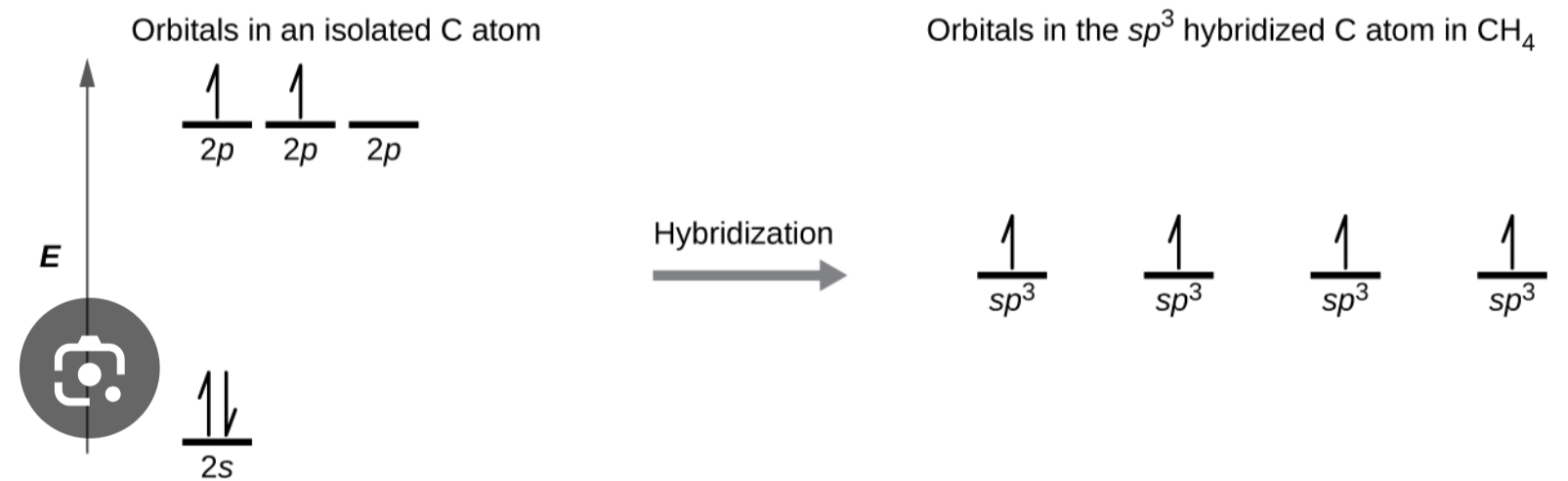 <ul><li><p>4 orbitals are hybridized</p></li><li><p>4 hybrid orbitals are formed </p></li><li><p>sp³ orbital has a large lobe and a small lobe </p></li></ul><p></p>
