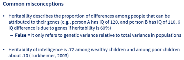 <p>The proportion of population variance that can be attributed to genetic influences/variance</p><ul><li><p>Doesn’t apply to individuals → specific to <strong>populations + environmental circumstances</strong></p></li><li><p>Is a property of a situation not a characteristic</p></li><li><p>Strong assumptions about how people mate + how genes transact with their environments</p></li></ul><p></p>
