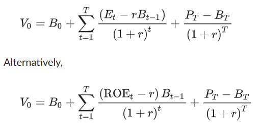 <p><span>current book value of equity + pv of expected residual income</span></p><p><span>assumes clean surplus accounting</span></p>