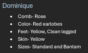 <p>Breed: Dominique</p><p>Variety: Barred Rock</p>