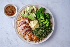 <p>Grilled organic chicken, umami rice blend(shiitake and brown rice) sesame marinated kale, avocado, house-made furikake, garlic broccoli, pickled ginger and a side of teriyaki sauce</p><p>*gluten-free and dairy-free, choose Bbq- glazed tofu to make it vegetarian</p><p>Protein options Organic chicken thigh, Organic chicken breasts, BBQ glazed-tofu, glazed salmon (+$4.75)</p><p>Modifications: replace umami rice blend with steamed organic brown rice, no avocado, no furikake, no pickled ginger, no sesame marinated kale, no broccoli</p><p>Allergens: Soy, Sesame, Fish(when miso salmon is selected)</p>
