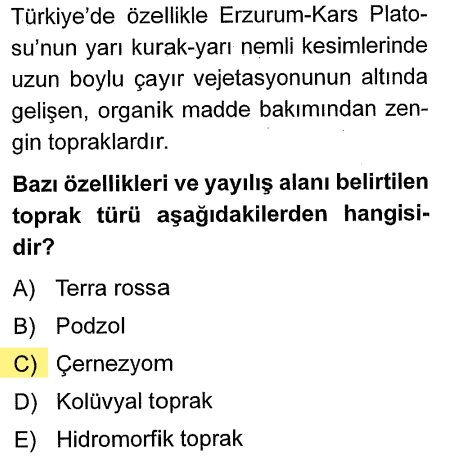 <p>Sert karasal iklimde yaz yağışlarıyla yeşeren uzun boylu çayırlar, kışın soğukla birlikte toprakta birikir. Bu da toprağı dünyanın en verimli doğal toprağı yapar. Rengi bu yüzden siyahtır (Kara Toprak).</p>