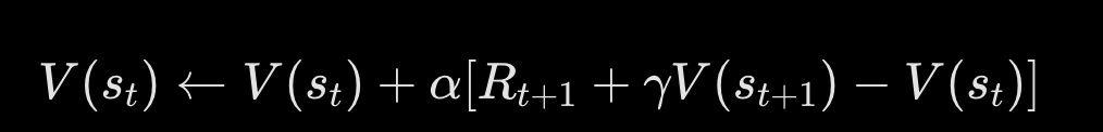 <p>Eliminates the endpoint restriction via bootstrapping (updating current estimation using single-step future estimate target, reducing variance at the cost of introduction of bias).<br>V(s<sub>t</sub>) ← V(s<sub>t</sub>) + α[R<sub>t+1</sub> + γ V(s<sub>t+1</sub>) - V(s<sub>t</sub>)] </p>