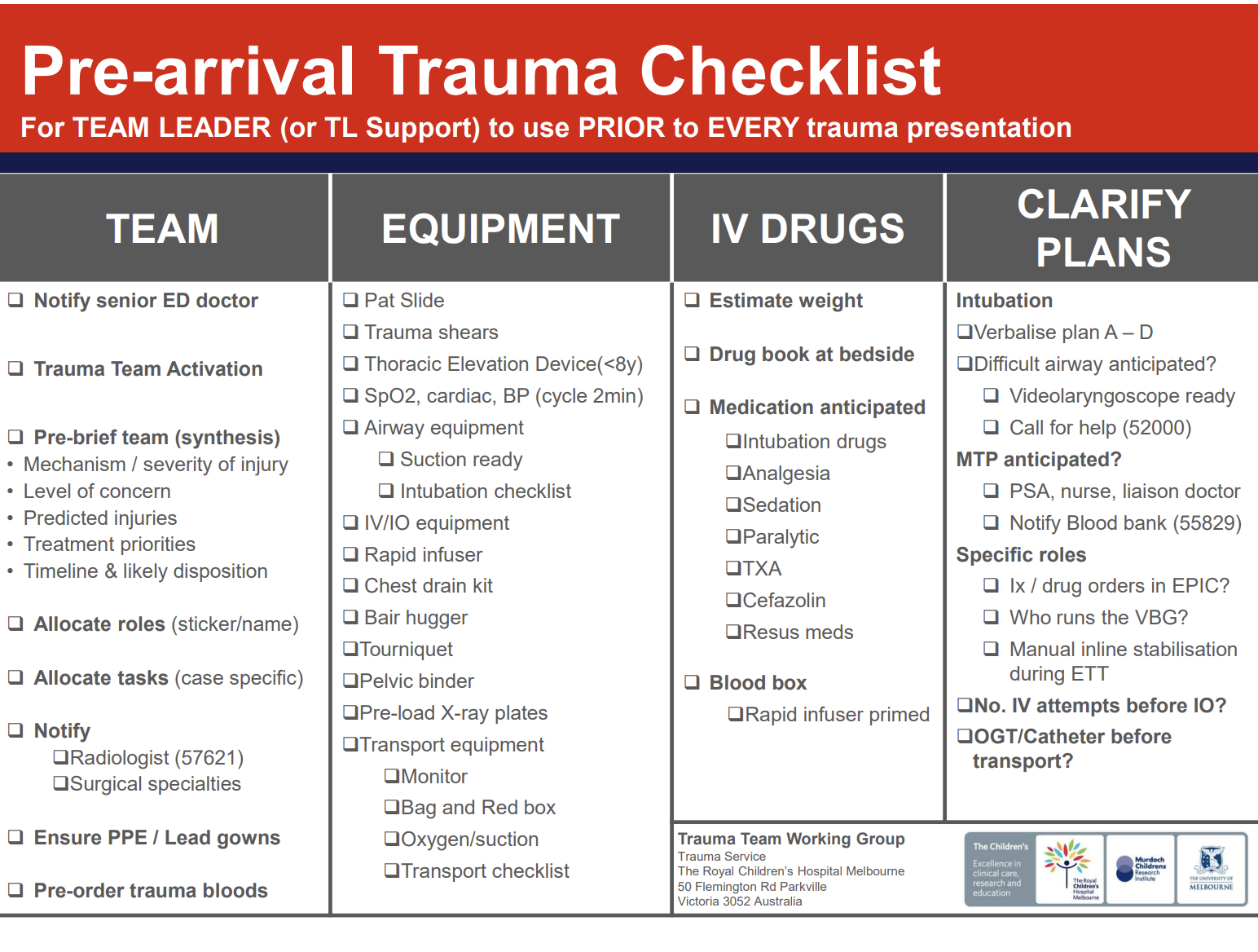 <ul><li><p>TEAM</p></li><li><p>EQUIPMENT</p></li><li><p>IV DRUGS</p></li><li><p>PATIENT</p></li></ul><p></p>