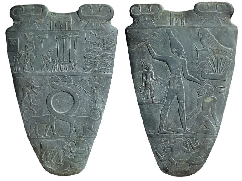 <p><span style="background-color: transparent;">&nbsp;4.3 Narmer Palette (both sides). Excavated at the sacred enclosure of Horus,</span></p><p><span style="background-color: transparent;">Hierakonpolis, Egypt, end of Dynasty 0, c. 3000 BCE. Graywacke, length 25¼ in.</span></p><p><span style="background-color: transparent;">(64.1 cm). Egyptian Museum, Cairo.</span></p>