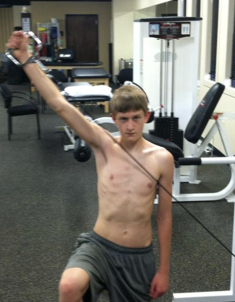<p>Gripping tubing handle in hand of involved arm, begin with arm out from side 45° and palm facing backward. After turning palm forward, proceed to flex elbow and bring arm up and over involved shoulder. Turn palm down and reverse to take arm to starting position.</p><p>Note: High supraspinatus activity. Needs good trunk control. Big ROM and has multiple planes.</p>