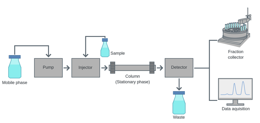 <p>A protein mixture dissolved in a liquid (mobile phase) —→ is percolated (eluted) through a column containing a porous solid matrix (stationary phase); different techniques exploit different ways proteins differ from each other. </p>