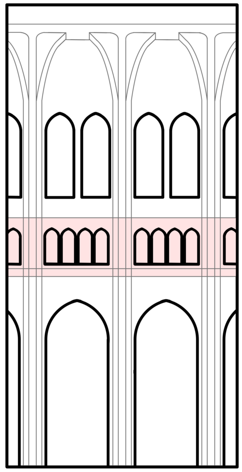 <p>a shallow, arched gallery within the thickness of an inner wall, above the nave of a church/cathedral</p>