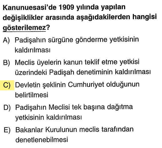 <p>Kanun-ı Esasi değişiklikleriyle padişahın yetkileri azalıp meclis güçlense de devletin şeklinin Cumhuriyet olduğu ancak 1923 yılında ilan edilmiştir.</p>