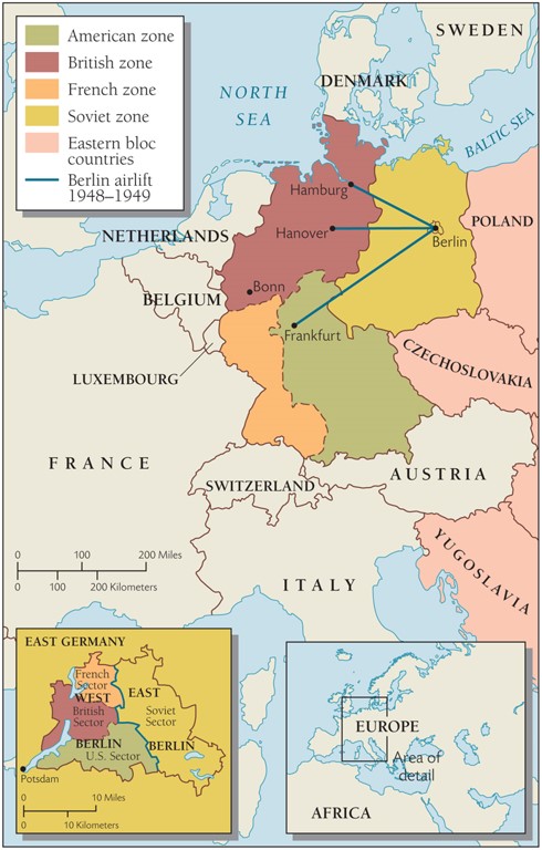 <p>According to the Germany Divided and the Berlin Airlift Map, Berlin was located in the&nbsp;</p>