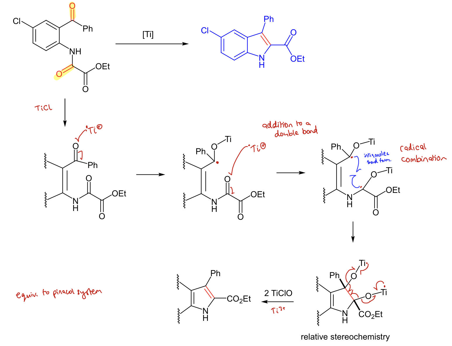 <ul><li><p>Low valent Ti donates one electron to the carbonyl oxygen, forming Ti-O and breaking C=O</p></li><li><p>Forms a free radical centre around the carbonyl</p></li><li><p>Does it again for the other carbonyl</p></li><li><p>2 radicals come together to form a new sigma bond</p></li><li><p>One electron on titanium goes into the Ti-O bond, along with an electron from the C-O bond. The other electron from the C-O bond goes onto the new sigma bond (exact same for the other site)</p></li><li><p>The Ti-O bond is taken off and the new sigma bond is now a double bond</p></li></ul><p></p><p><span>i.e. Ti+ radical attacks O of a carbonyl, breaking the bond to form a radical. This repeats and the two carbonyl radicals combine. The C-O bonds breaks to form an alkene and 2 TiClO</span></p>