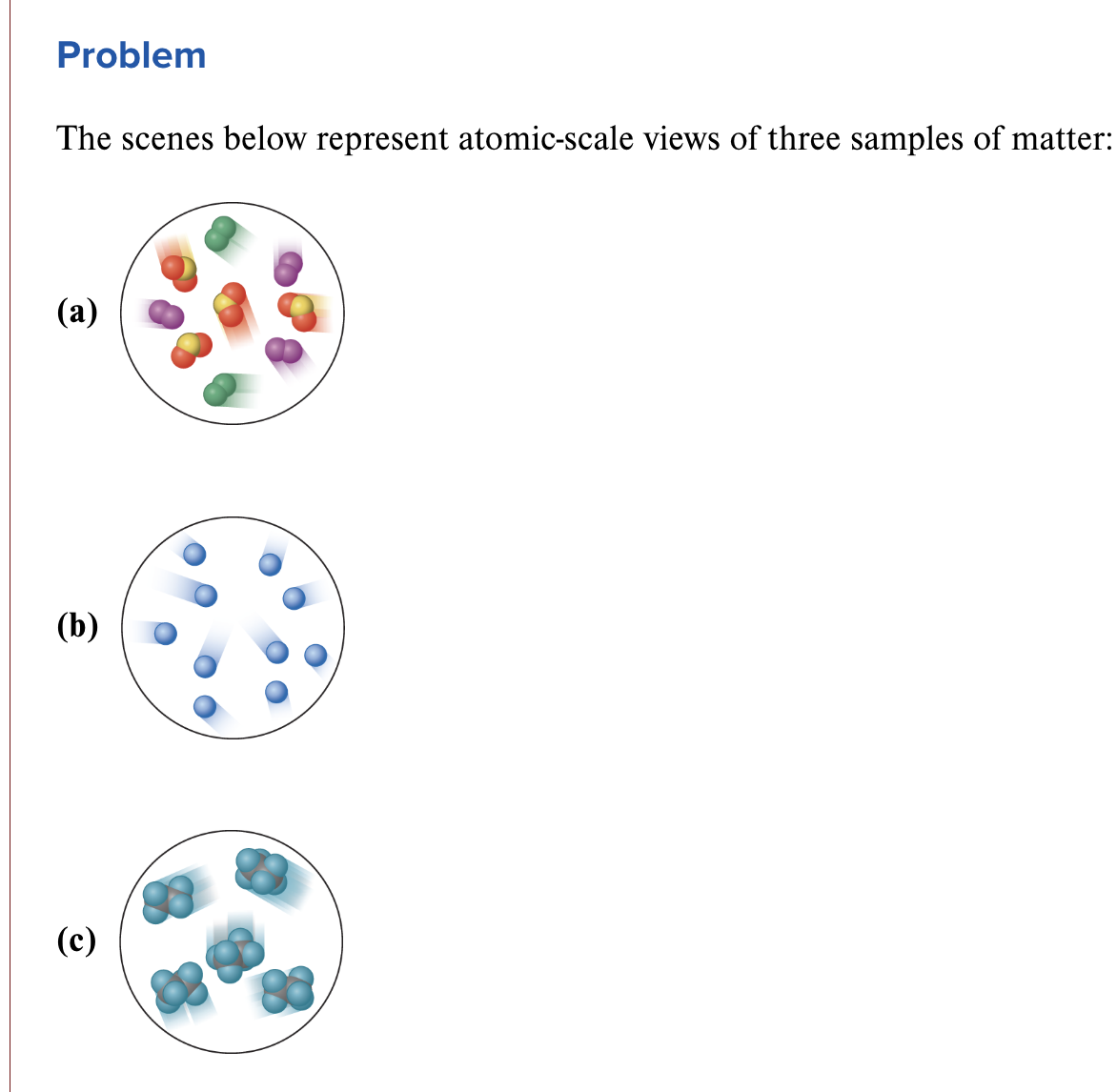 <p>The scenes in the image represent atomic-scale views of three samples. Describe each sample as an element, compound, or mixture. Which sample(s) can be separated into its (their) components by a physical change?</p>