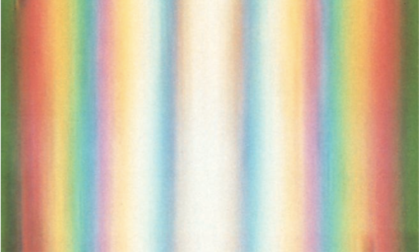 <p>The blue light fringes are closer together than the red light fringes. However, the central fringe of each pattern is in the same position on the screen. The fringe pattern produced by white light is shown in figure 4. Each component colour of white light produces its own fringe pattern, and each pattern is centred on the screen at the same position.</p><p>The central fringe is white because every colour contributes at the centre of the pattern.</p><p>The inner fringes are tinged with blue on the inner side and red on the outer side. This is because the red fringes are more spaced out than the blue fringes and the two fringe patterns do not overlap exactly.</p><p>The outer fringes merge into an indistinct background of white light becoming fainter with increasing distance from the centre. This is because, where the fringes merge different colours reinforce and therefore overlap.</p>