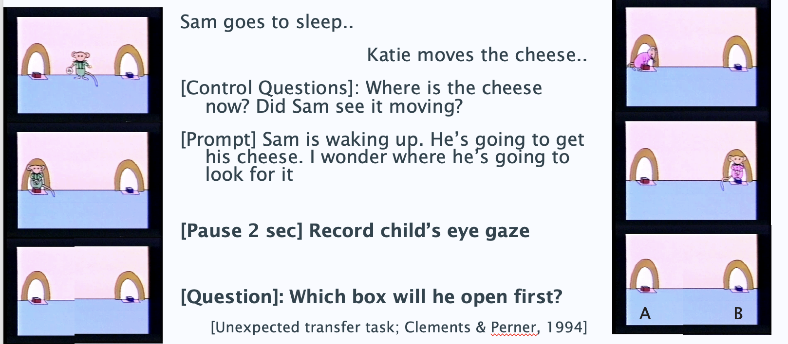 <p>What is the child’s spontaneous response, e.g. gestures, eye movements, drawings, emotional responses, facial expressions</p><ul><li><p>Helpful with children younger than 4 years of age</p></li></ul><p></p><ul><li><p>•Children’s facial expressions = indices of understanding of beliefs (conflict between someone’s belief and reality → signs of suspense such as lip biting or brows furrowing)</p></li><li><p>Child may be aware of the conflict but not able to express linguistically: e.g can understand that there is some level of theory of mind but cannot express this knowledge.</p></li><li><p>•signs of tension/suspense in processing false beliefs vs true beliefs are sometimes visible in 3-year-olds (Moll et al., 2016)</p></li></ul><p><span style="font-family: Menlo; line-height: normal; font-size: 9px;">	•		•	</span>•Recording eye-gaze behaviour may give us hints about the child’s flow of thinking without requiring a verbal response</p><p></p><p>(unexpected transfer task)</p><p>found: •Gap between implicit and explicit understanding of the task</p><ul><li><p>•Children develop an implicit/ unconscious understanding of FB at an earlier age than explicit/conscious understanding of FB</p></li></ul><ul><li><p>improvement of implicit knowldge happens much earlier therefore children around 2.5/3 yrs have evidence of implicity TOM.</p></li></ul><p></p>