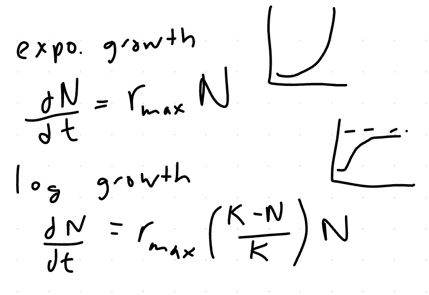 <p><strong>exponential</strong>: no constraints on pop, theoretical if unlimited resources<br><strong>logistic</strong> - realistic, presence of limiting factors</p>