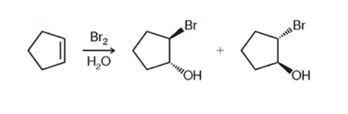 <p>halogenation will be just a halide x2 (ex: Br2) while halohydrin will include water and sub in the halide and OH. wedges and dashes will be opposite of each other and one of each.</p>
